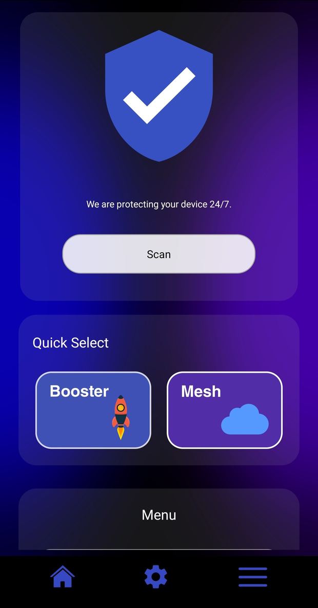 LAVAIQ app interface showing a protection shield, scan button and quick-select tools.